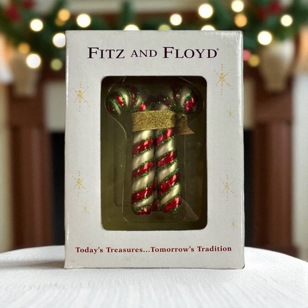 Fitz & Floyd In Box Glass Candylane Candy Cane Christmas Tree Ornament Decor
